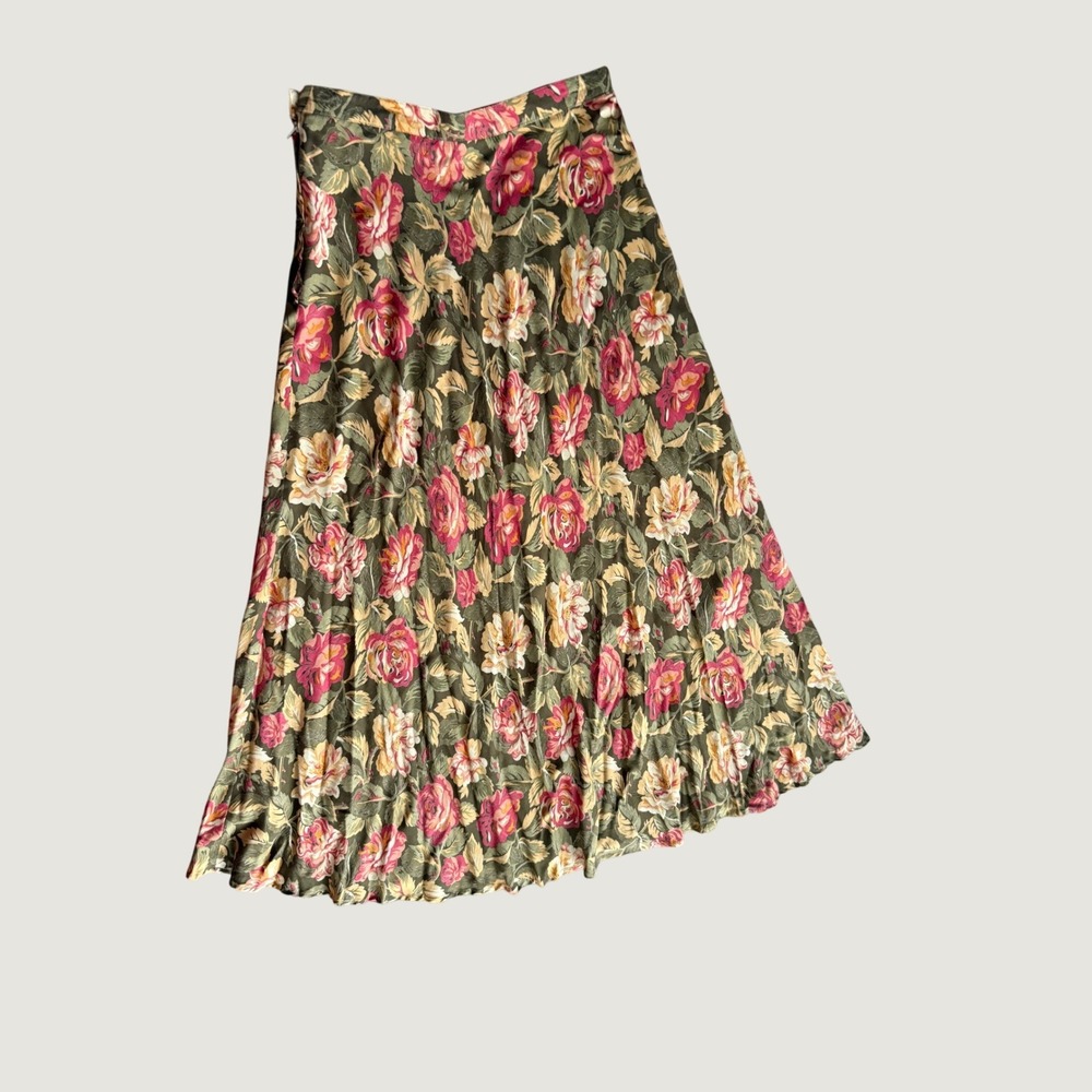 Ruff Hewn Vintage Floral Maxi Skirt Olive Green Rayon 90s Cottagecore Size 6 - Picture 7 of 9